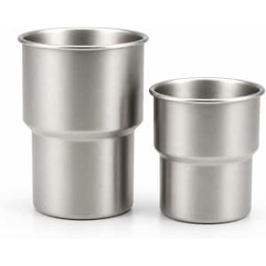 A stainless steel camping mug set featuring two sizes: 280ML and 500ML, with a polished finish.