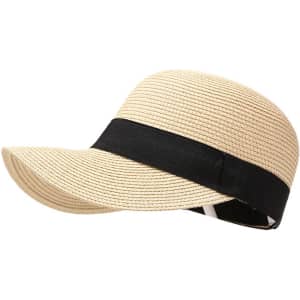 A straw cap featuring a wide-brimmed design with a black ribbon band. The overall colour is a natural straw hue.