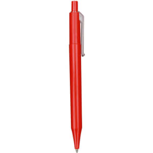 A red plastic pen with a smooth barrel and a clip. Features a logo on the side.