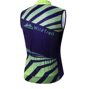 A men's sublimated cycling vest in navy and green with a geometric design and a back pocket. Features a logo.