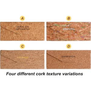 Four foldable cork glasses cases displayed in different cork textures, featuring various logos and a natural tan colour.