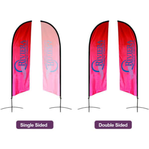 Angled feather banners in red and pink, featuring a logo, displayed in single and double-sided designs.