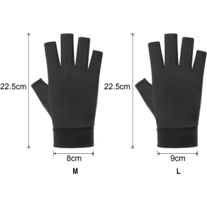 A pair of black fingerless gloves displayed side by side, with size measurements for medium and large.