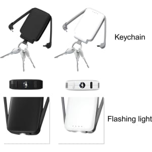 A mini power bank in black and white, featuring a keychain and a built-in flashlight.