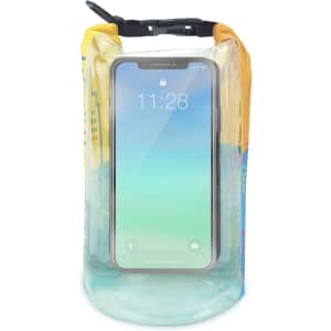 A colourful 2L dry bag featuring a PVC window, displaying a phone inside, equipped with a secure strap.
