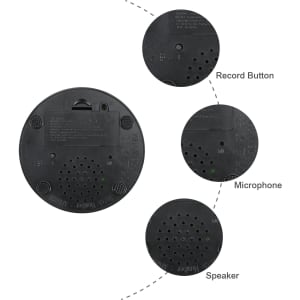 A black voice recording button with a microphone and speaker, featuring a circular design and textured surface.
