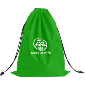 A green travel laundry bag with a drawstring closure and a logo printed on the front.
