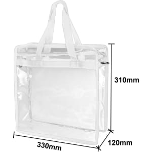 A clear tote bag with a white shoulder strap, featuring dimensions of 330mm x 310mm x 120mm.