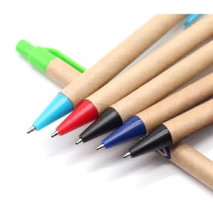 A collection of kraft paper pens in various colours: green, blue, red, black, and blue, featuring plastic tips.