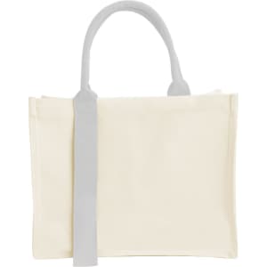 A horizontal canvas tote bag in cream with grey handles. The bag has a simple design and includes a logo.