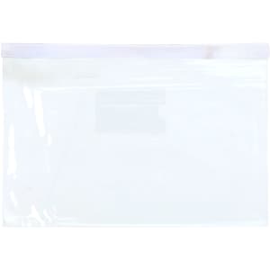 A transparent A4 file bag with a zip closure and a label holder, ideal for organising documents.