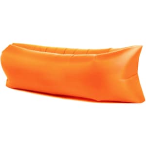 An inflatable lazy bed in bright orange, featuring a sleek, curved design and a logo on one side.