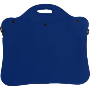 A blue laptop bag with a handle and a smooth surface, featuring a logo on the front.