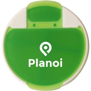 A round green pill box with a white top, featuring a logo on the front.