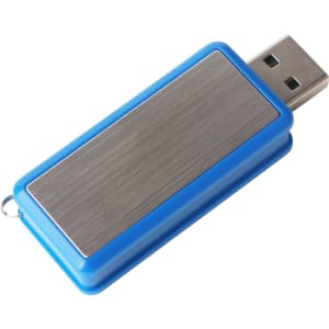 A blue and silver 360-degree rotating flash drive with a metallic finish and a loop for attachment.