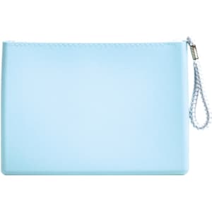 A light blue silicone cosmetic pouch with a zip closure and wrist strap. Features a logo on the side.