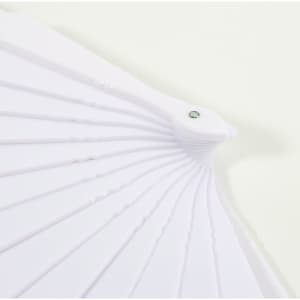 A fabric hand-held fan in white, featuring a simple design with ribbed detailing and a decorative hinge.