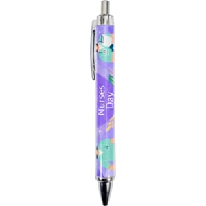 A ballpoint pen with a purple design featuring a nursing theme and a silver clip. It has a logo on the barrel.