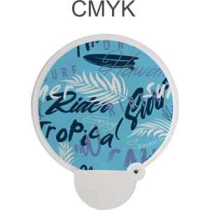 A foldable reflective fan featuring a blue design with tropical patterns and a white handle. It has a branding logo.
