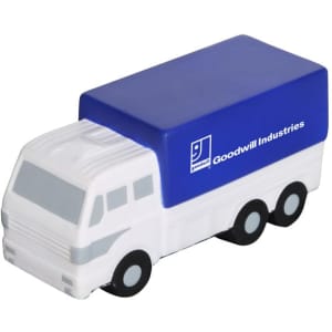 A white and blue van-shaped stress reliever with a logo on the side. Ideal for stress relief and fun.