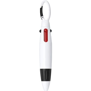 A white and black pen with a red button and a carabiner clip, featuring a logo.