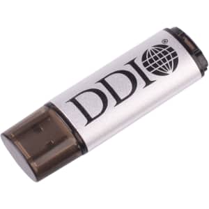 A silver and black flash drive with a semi-transparent cap and a logo design.