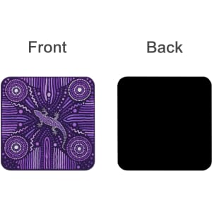 A square coaster featuring a vibrant purple Aboriginal design on the front, with a plain black back.