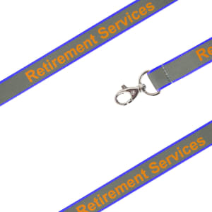 A grey safety lanyard with orange text and a silver clip, featuring branding on its length.