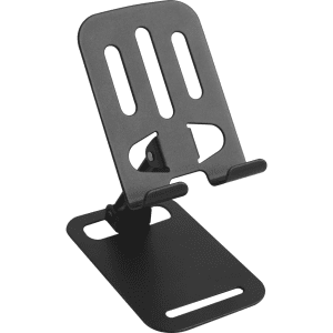 A foldable metal mobile phone stand in black, featuring a sleek design with adjustable angles.