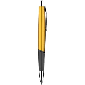 A plastic pen featuring a gold upper section and a black lower section. The pen includes a clip and a silver tip.