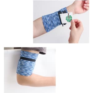 A blue mini wearable wallet on a person's arm, featuring a zippered pocket for cards or small items.