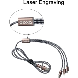 A braided charging cable in grey, featuring a metallic attachment with a logo and multiple connector options.