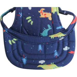 A dog baseball hat in navy blue with a dinosaur pattern in vibrant colours, featuring various playful designs.