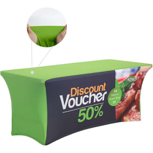 A green stretch table cover with a dark grey section displaying a logo and promotional text.