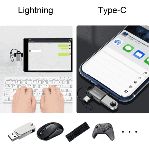 A USB 3.0 to USB C Lightning OTG adapter in silver, showcasing connections for various devices. Features a logo.