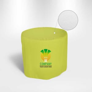 A round fitted table cover in bright green, featuring a logo and a textured detail highlighted.