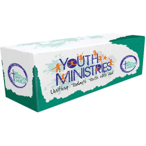 A fitted table cloth featuring a colourful design with "Youth Ministries" text and a logo, predominantly in green and blue.
