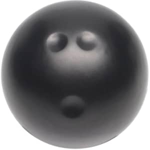 A black bowling ball-shaped stress reliever with three indents, featuring a simple design and a logo.