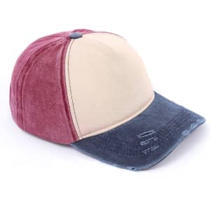 A distressed cotton baseball cap featuring a beige, burgundy, and navy colour scheme with a logo.