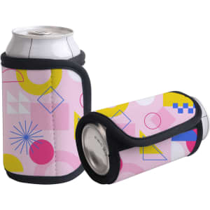 A drink bottle holder in pink with abstract geometric patterns, featuring black trim. Includes a logo.