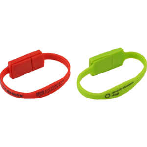 A red and a green slim silicone wristband flash drive, both featuring logos.