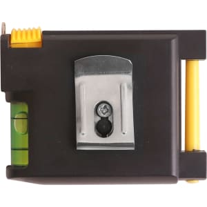 A multifunctional tape measure in black and yellow, featuring a built-in level and a metal clip.