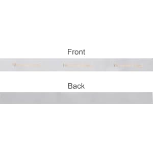 A satin polyester ribbon in silver with gold hot stamping, featuring a front and back view.