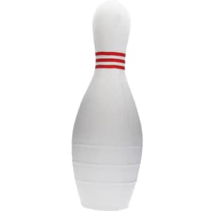 A bowling pin-shaped stress reliever in white with red stripes, featuring a logo. Ideal for fun and stress relief.
