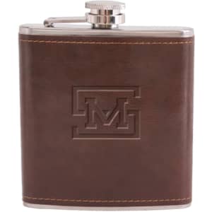 A drink bottle in a brown leather casing with a stainless steel top and a logo on the front.