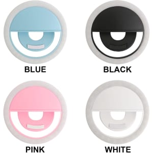 A collection of circular selfie lights in blue, black, pink, and white, each featuring a central opening and a logo.
