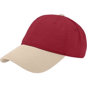 A solid colour fashion cap featuring a red crown and a beige brim, with a visible logo on the side.