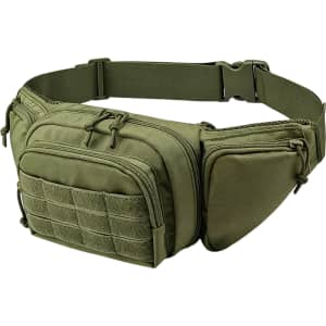 An olive green tactical fanny pack with multiple zippered compartments and a logo on it.