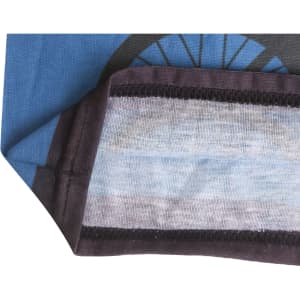 A blue RPET neck gaiter featuring a patterned design, with a black and grey trim, and a logo on the fabric.