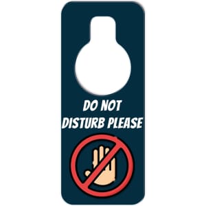 A custom shape acrylic door hanger in dark blue with a hand symbol and a hole for hanging.